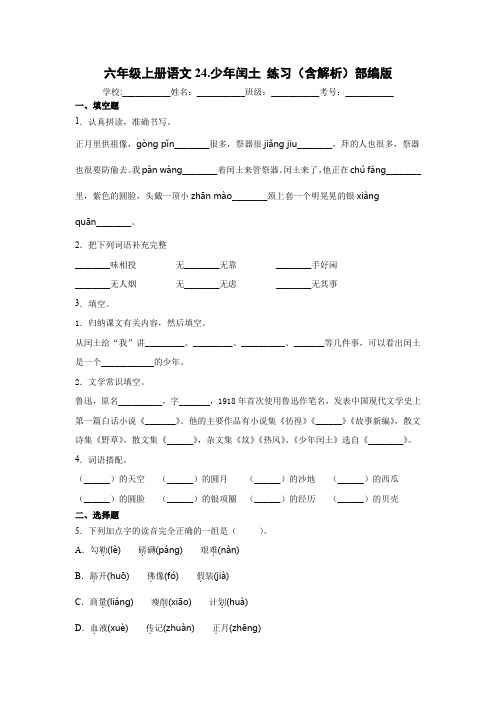 部编版小学六年级上册语文24.少年闰土    同步练习(含解析)