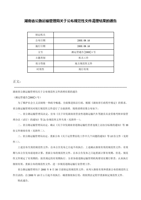 湖南省公路运输管理局关于公布规范性文件清理结果的通告-湘运管通告[2008]4号