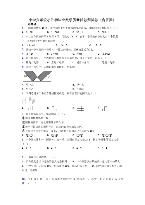 小学六年级小升初毕业数学质量试卷测试卷(含答案)