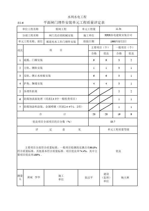 表2.6 平面闸门埋件安装单元工程质量评定表(例表)