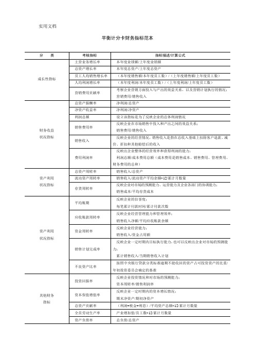 平衡计分卡财务指标范本