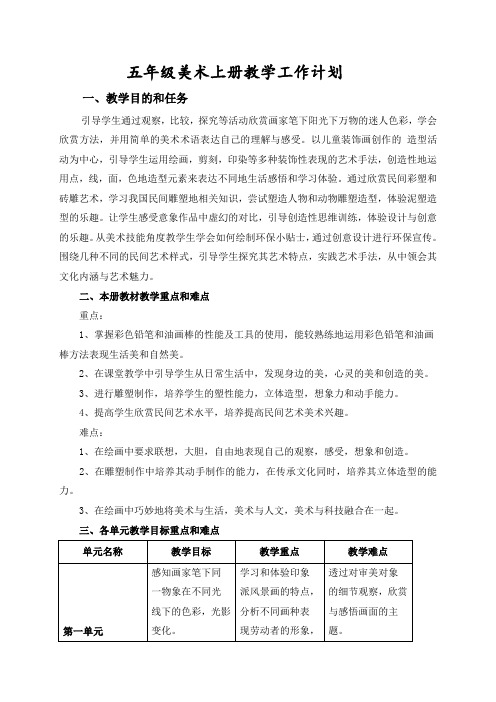 部编岭南版五年级美术上册教学工作计划