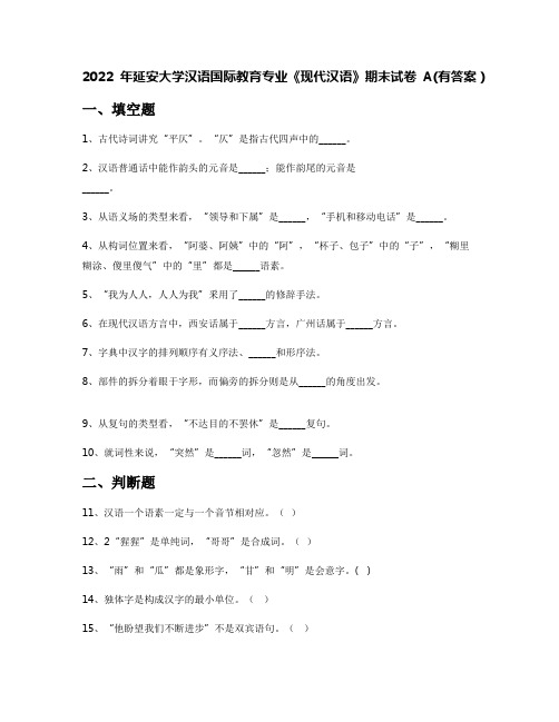 2022年延安大学汉语国际教育专业《现代汉语》期末试卷A(有答案)