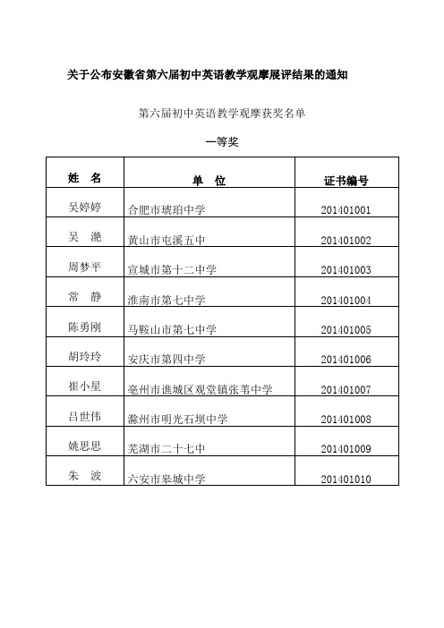 第六届安徽初中英语优质课 获奖名单