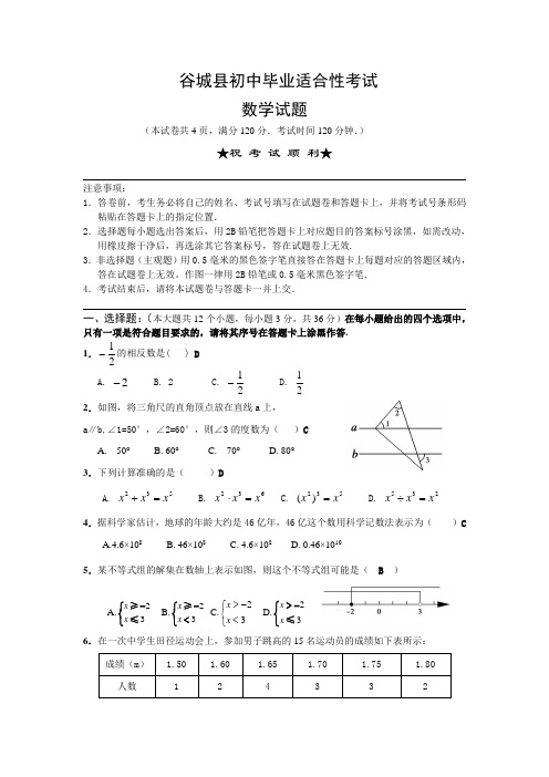 谷城数学中考适应题及答案