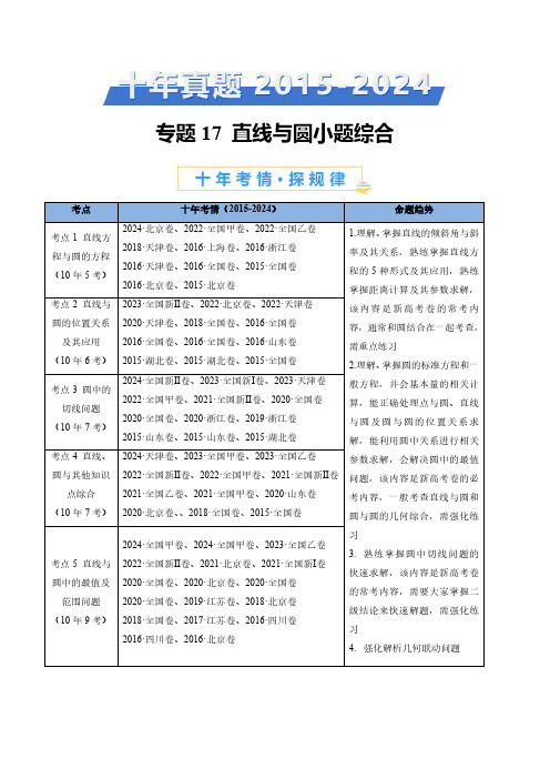 专题17 直线与圆小题综合(学生卷)- 十年(2015-2024)高考真题数学分项汇编(全国通用)