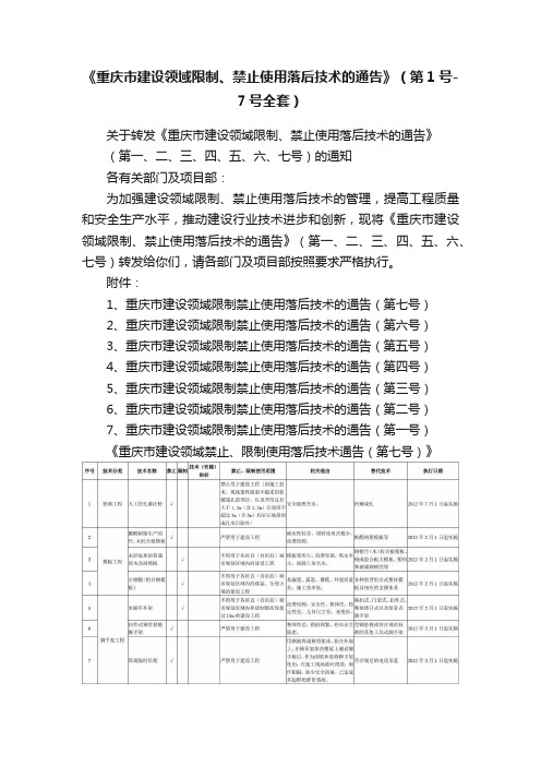 《重庆市建设领域限制、禁止使用落后技术的通告》（第1号-7号全套）