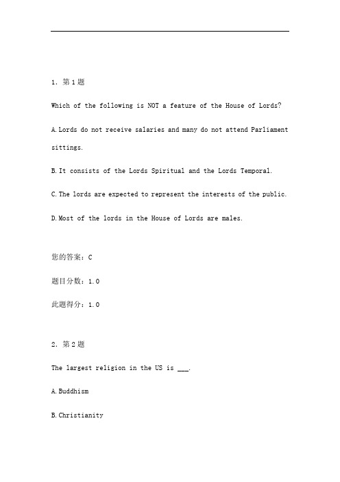 正确答案秋季《英语国家概况阅读》在线作业