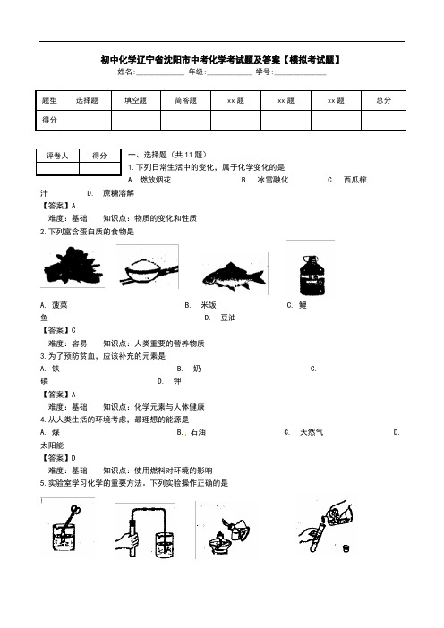 初中化学辽宁省沈阳市中考化学考试题及答案【模拟考试题】.doc