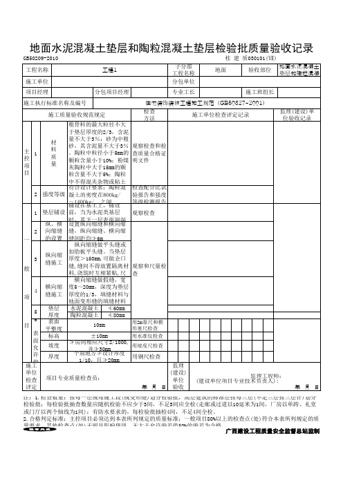 地面水泥混凝土垫层和陶粒混凝土垫层检验批质量验收记录(通用模板)