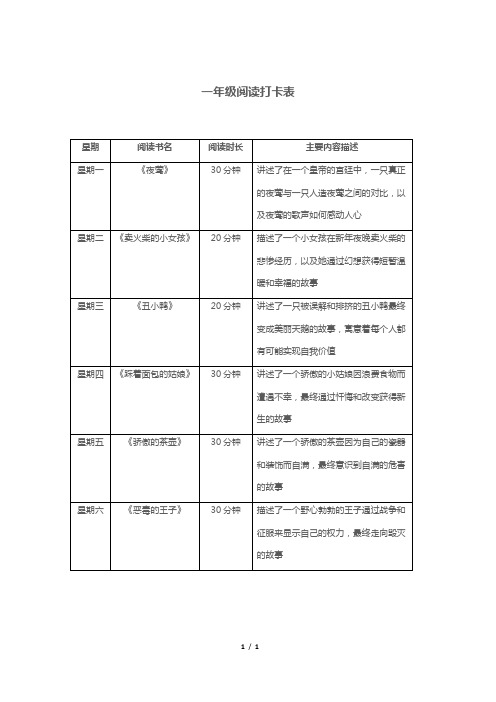 一年级阅读打卡表