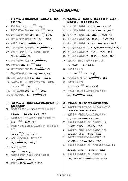 九年级化学常见的化学反应方程式