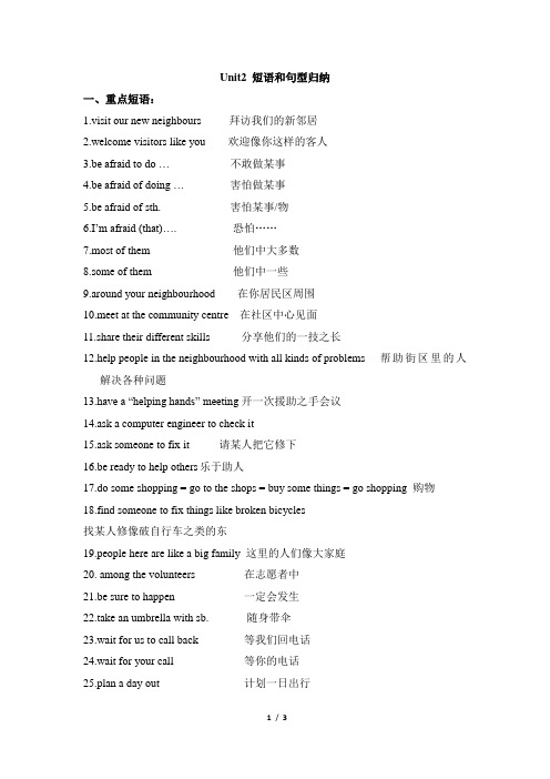 七年级英语译林版下册Unit2_短语和句型归纳