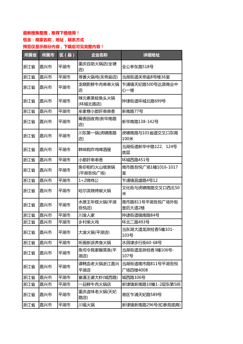 新版浙江省嘉兴市平湖市火锅店企业公司商家户名录单联系方式地址大全127家