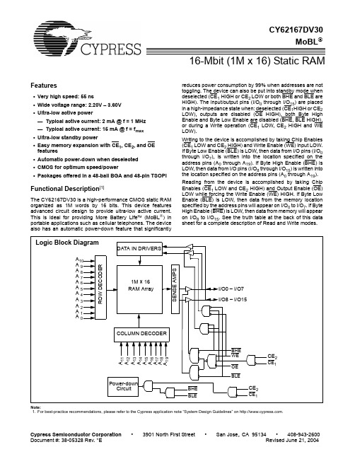 16-Mbit (1M x 16)静态随机存储器 CY62167DV30 用户手册说明书