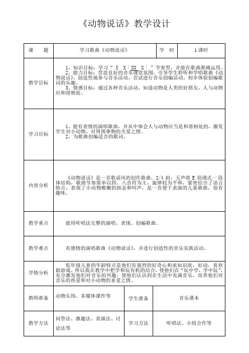 人教版  二年级上册音乐教案第四单元 唱歌 动物说话(表格式)