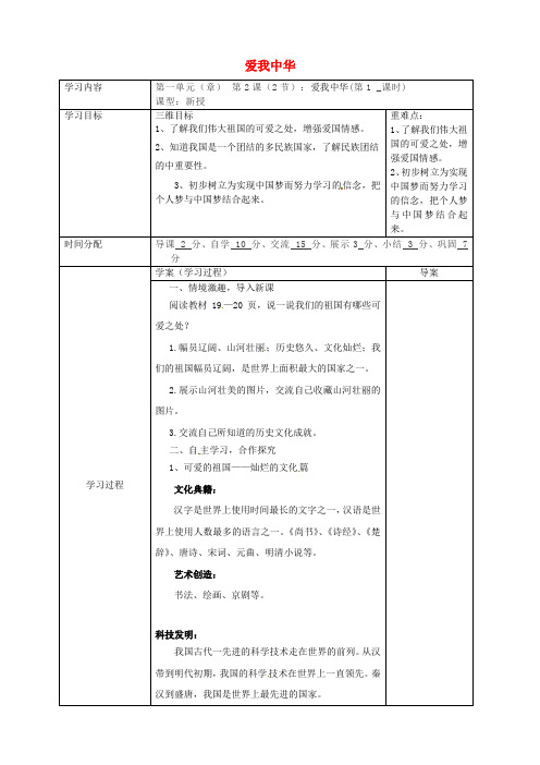 陕西省山阳县八年级道德与法治上册 第一单元 让爱驻我家 第2课 我们共有一个家 第二框 爱我中华导学