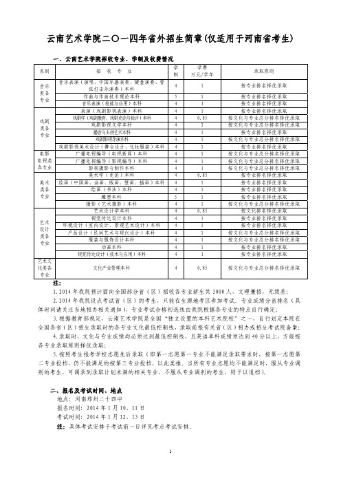 云南艺术学院2014年招生简章(河南省)