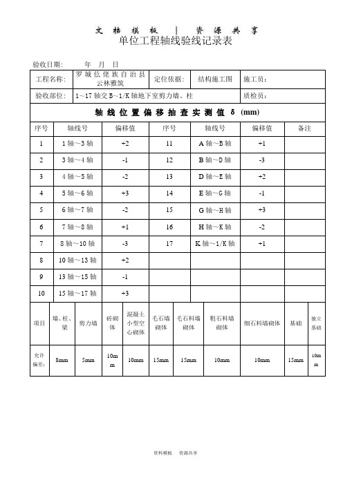 资料模板：建施放线图纵向 云林单位工程轴线验线记录表