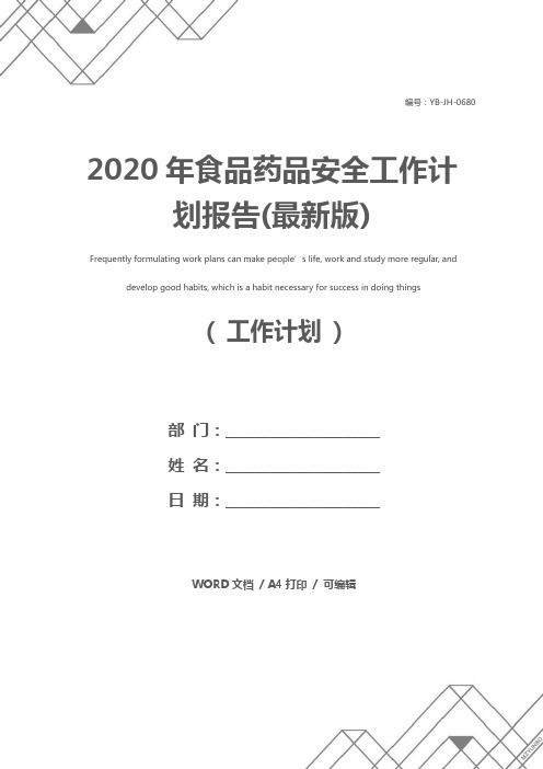 2020年食品药品安全工作计划报告(最新版)