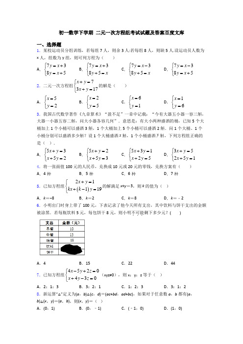 初一数学下学期 二元一次方程组考试试题及答案百度文库