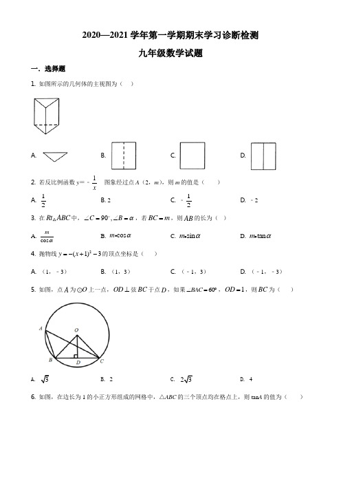 精品解析：山东省济南市平阴县2020-2021学年九年级上学期期末数学试题(原卷版)