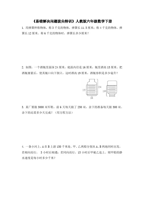 人教版六年级下册数学  《易错解决问题拔尖特训》(应用题)(无答案)