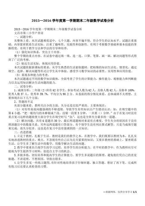 2015—2016学年度第一学期期末二年级数学试卷分析