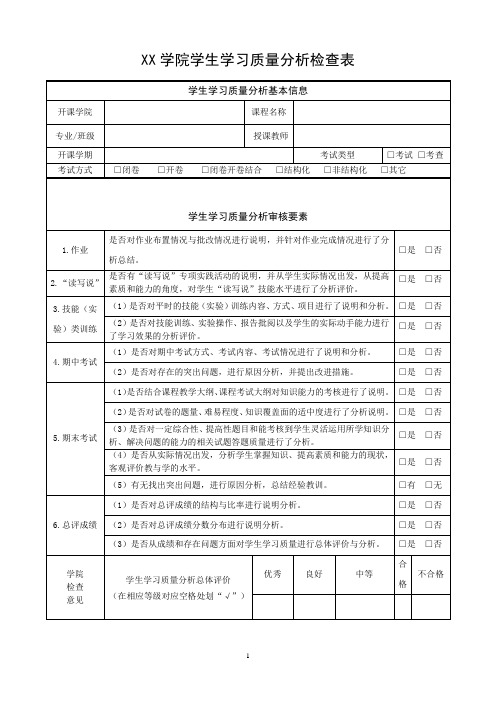 学院学生学习质量分析检查表