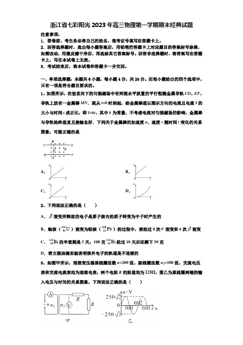 浙江省七彩阳光2023年高三物理第一学期期末经典试题含解析