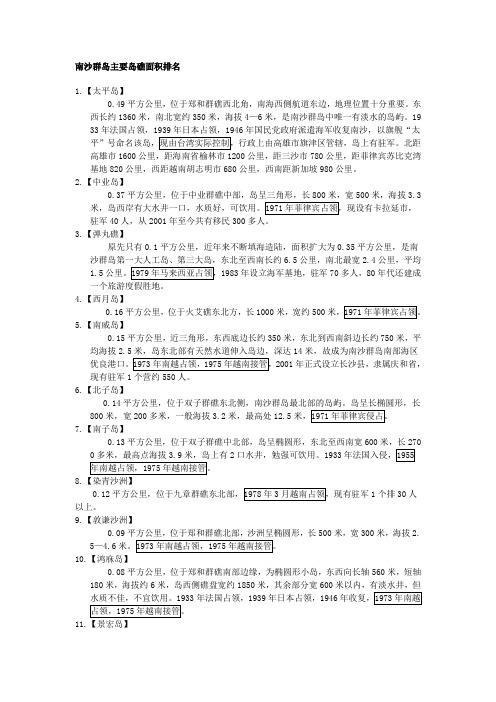 南沙群岛主要岛礁面积排名