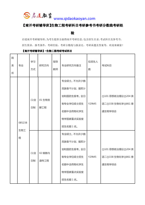 【南开考研辅导班】生物工程考研科目考研参考书考研分数线考研经验