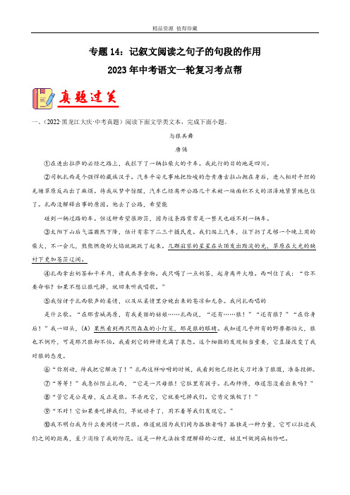 专题14：记叙文阅读之句段的作用-备战2023年中考语文一轮复习 (原卷版)