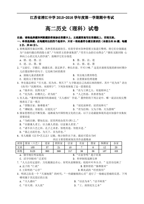 江苏省清江中学高二上学期期中考试试题(9科14份)(江苏省清江中学高二上学期期中考试历史试题(选修))