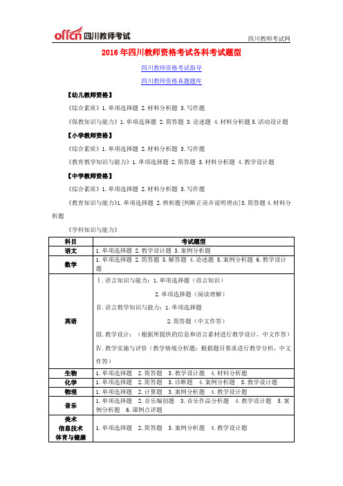 2016年四川教师资格考试各科考试题型