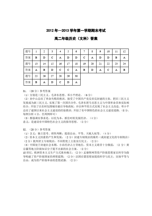 2012年—2013学年第一学期期末考试高二年级历史(文科)答案