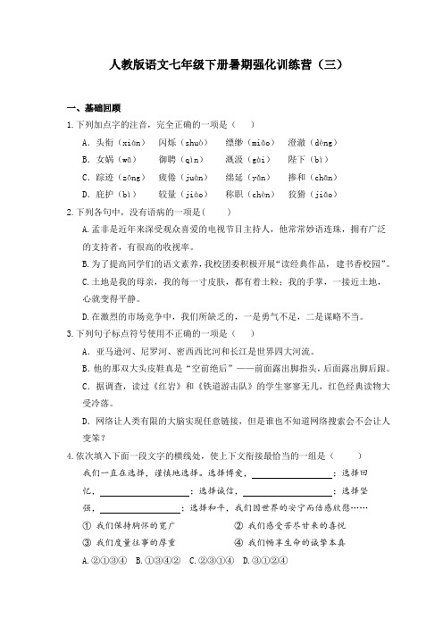 2020-2021学年部编版语文七年级下册暑期强化训练(三)(含答案)-