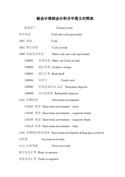 新会计准则会计科目中英文对照表