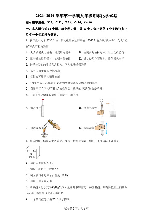 安徽省合肥市蜀山区西苑中学2023-2024学年九年级上学期期末化学试题B(含解析)