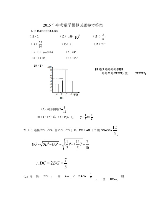 2015年中考数学模拟试题参考答案