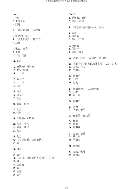 鲁教版五四学制初中六年级下册英语全册单词