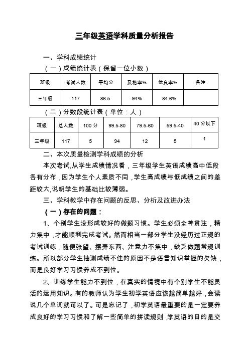 (完整)三年级英语学科质量检测分析报告