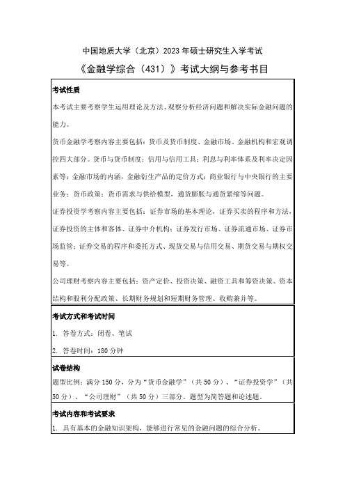 中国地质大学(北京)2023年硕士《金融学综合(431)》考试大纲与参考书目