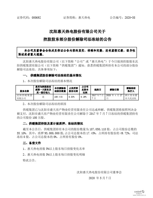 惠天热电：关于控股股东部分股份解除司法冻结的公告