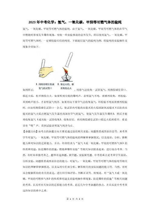 2023年中考化学：氢气一氧化碳甲烷等可燃气体的验纯