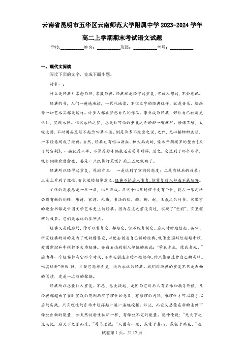 云南省昆明市五华区云南师范大学附属中学2023-2024学年高二上学期期末考试语文试题