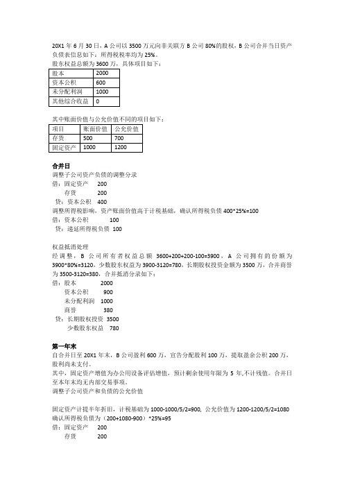 非同一控制下合并例题