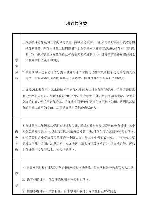 最新冀教版初中英语七年级上册中考英语研讨课复习 动词的分类公开课教学设计