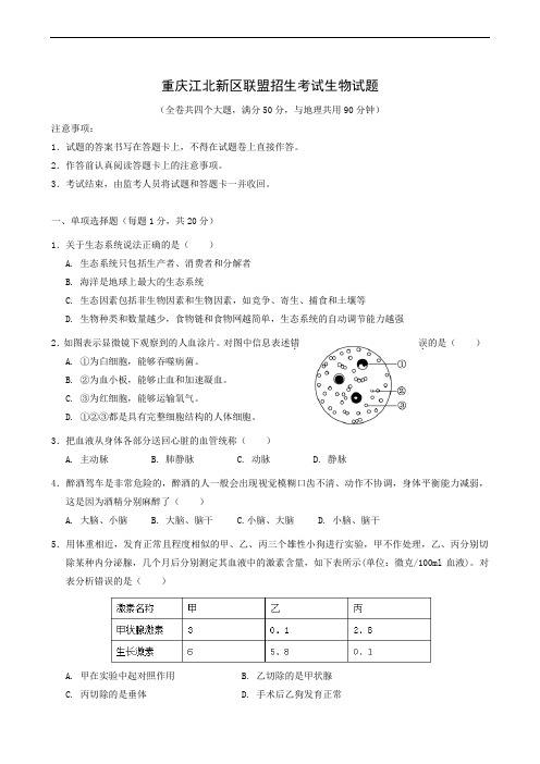 重庆市江北新区联盟2018-2019年八年级下学期期中考试生物试题