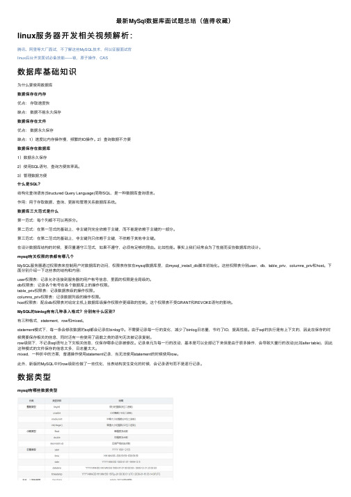 最新MySql数据库面试题总结（值得收藏）